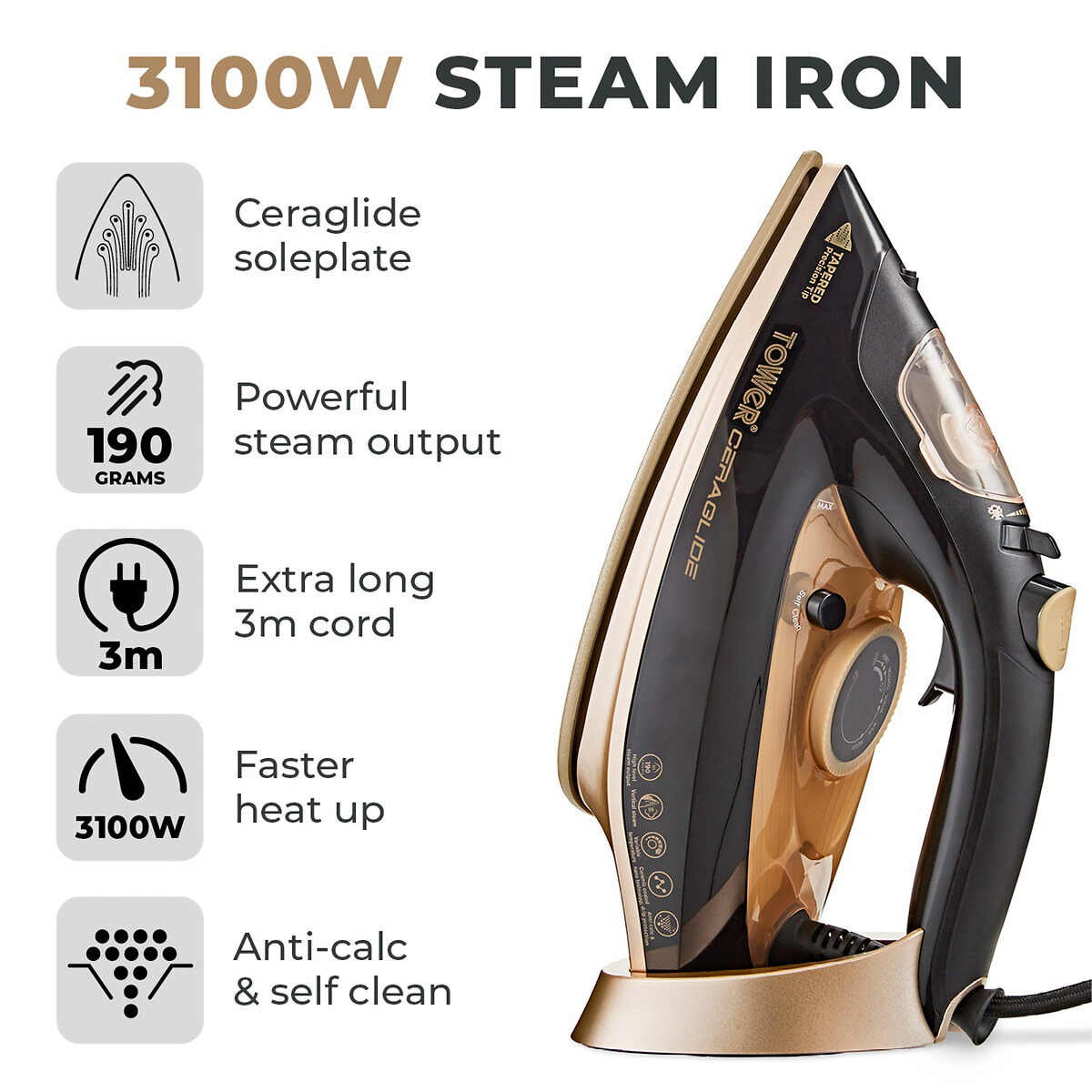 CeraGlide 3100W Steam Iron - T22021 black/gold, TOWER