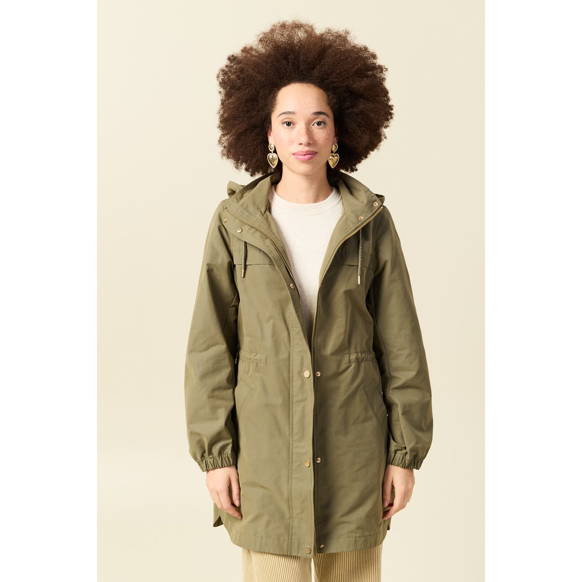 Parka longue droite déperlante à capuche vert kaki, BONOBO