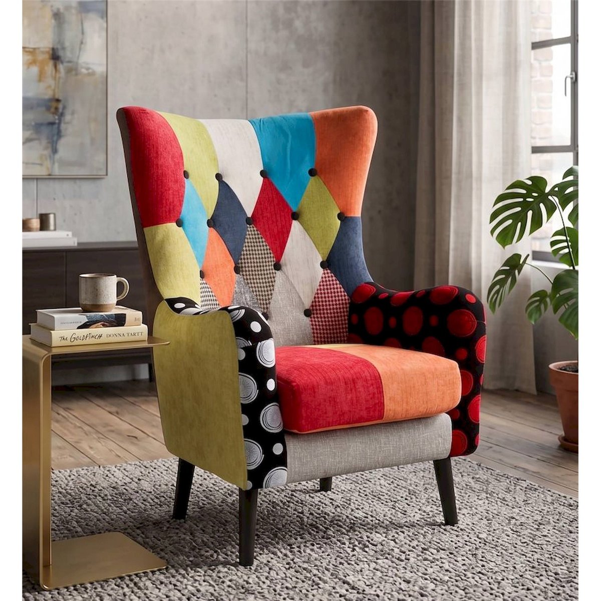 Fauteuil velours patchwork haut dossier INDUSTRIAL patchwork multicolore, RECOLLECTION