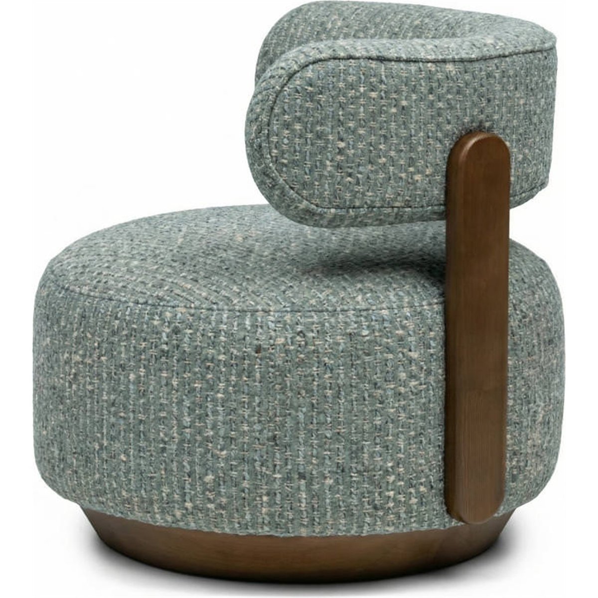 Fauteuil lounge arrondi tissu et noyer bleu beige et noyer, RECOLLECTION