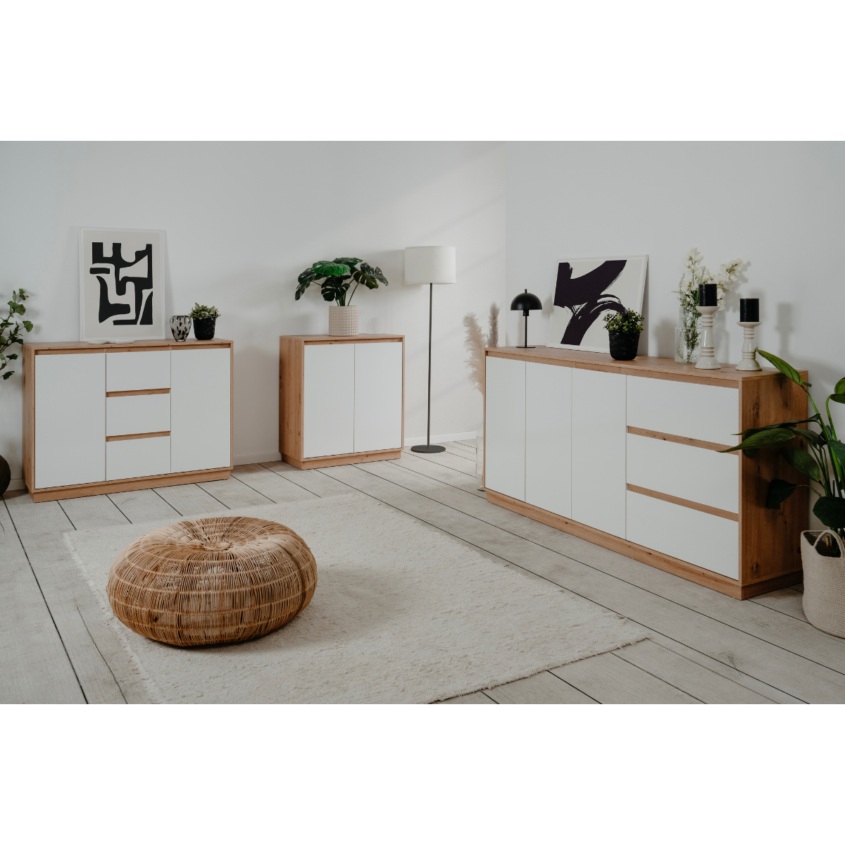 Petit buffet 2 portes L79 cm - PHOENIX chêne artisan / blanc brillant, CALICOSY