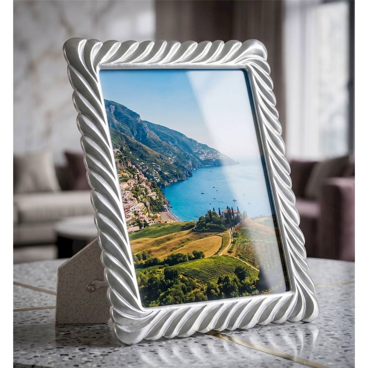 Cadre photo sculpté bord tressé collection GLAM argenté, RECOLLECTION