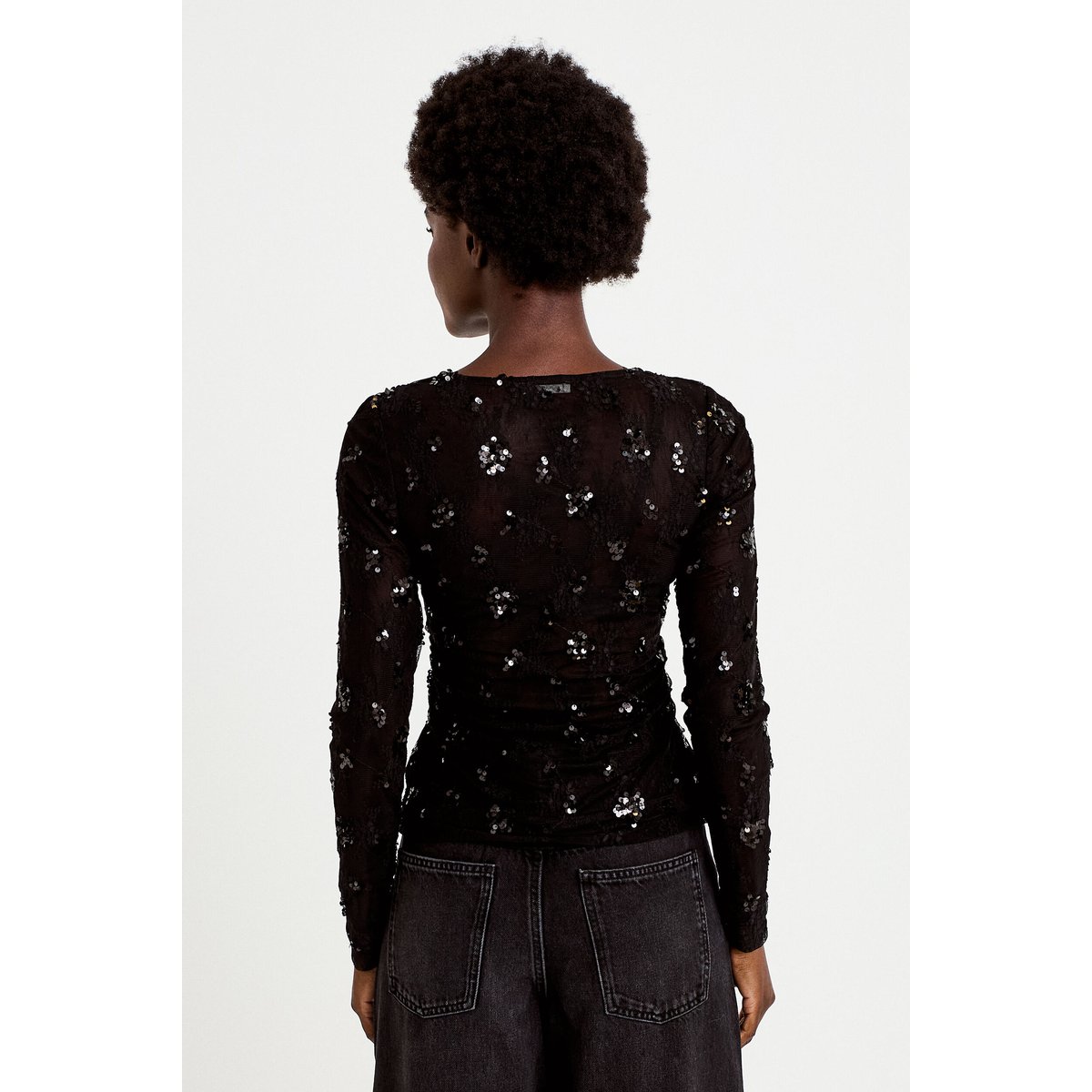 T-shirt ajusté col rond brodé perles noir, CACHE CACHE