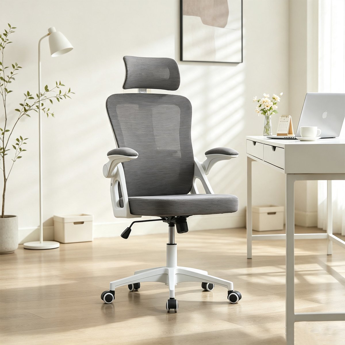 Chaise de bureau ergonomique pivotante réglable en hauteur, DARVEN gris, MEUBLES COSY
