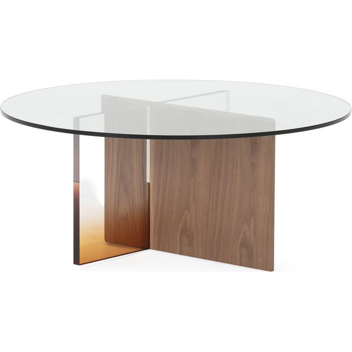 Table basse ronde design contemporain noyer, transparent et ambre, RECOLLECTION