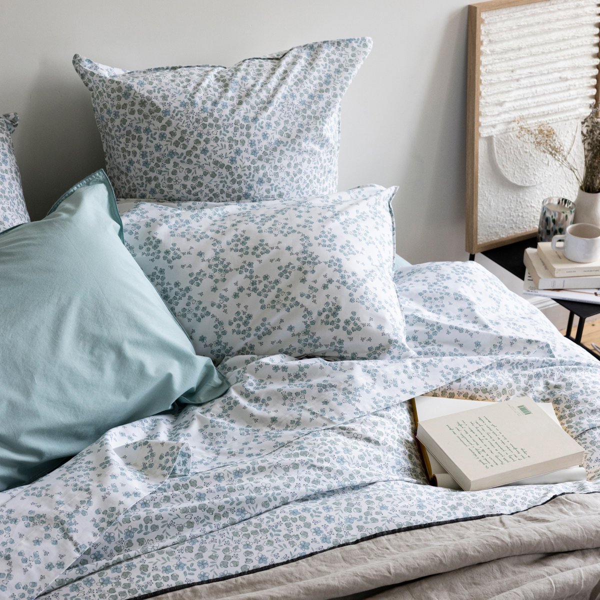 Drap plat en percale de coton, AQUARELLE céladon, BLANC CERISE