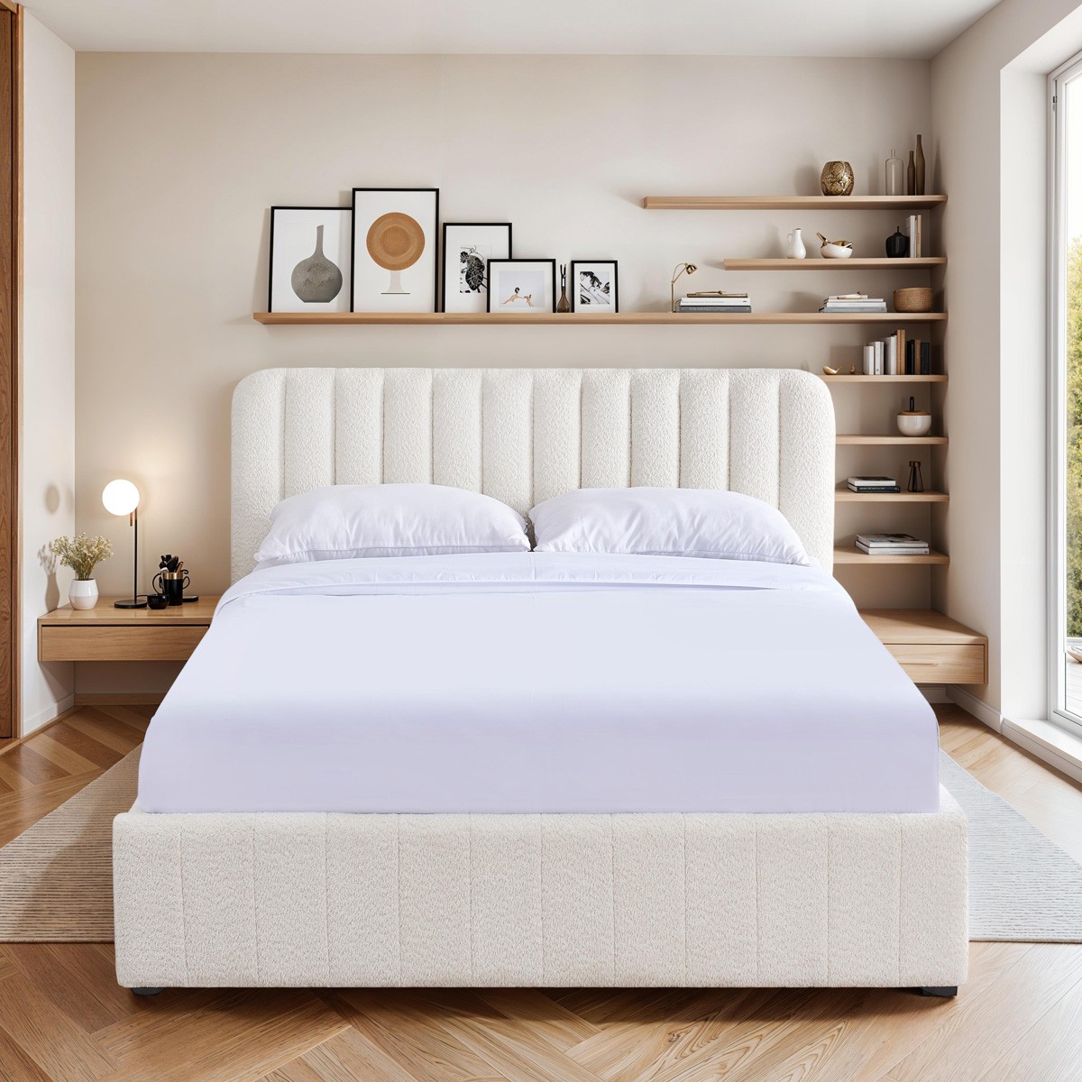 Lit coffre avec tête de lit en tissu bouclé - AVA beige, HOMIFAB