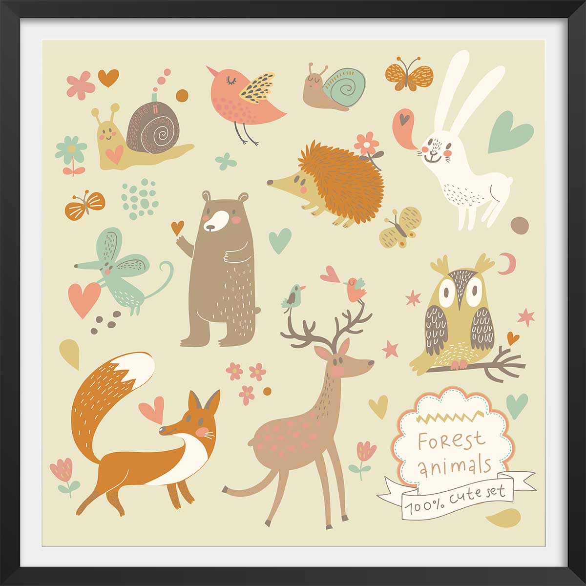 Affiche enfant cute set forest animals affiche + cadre en bois - noir, HEXOA