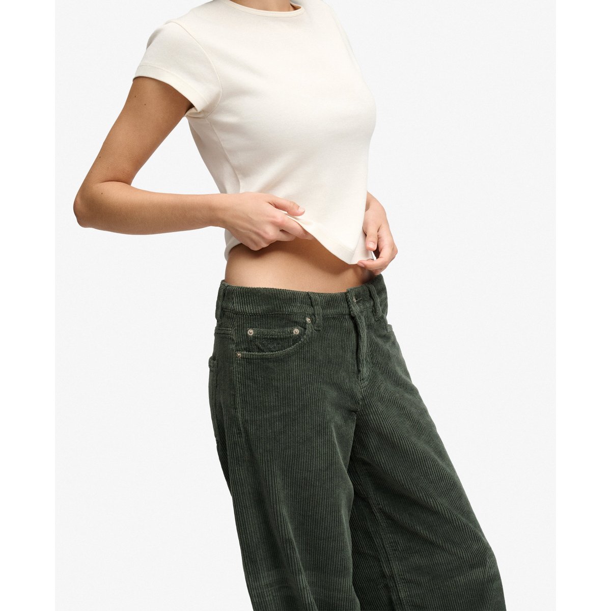 Pantalon en Velours Côtelé Large Taille Moyenne vert forêt profond, SUPERDRY