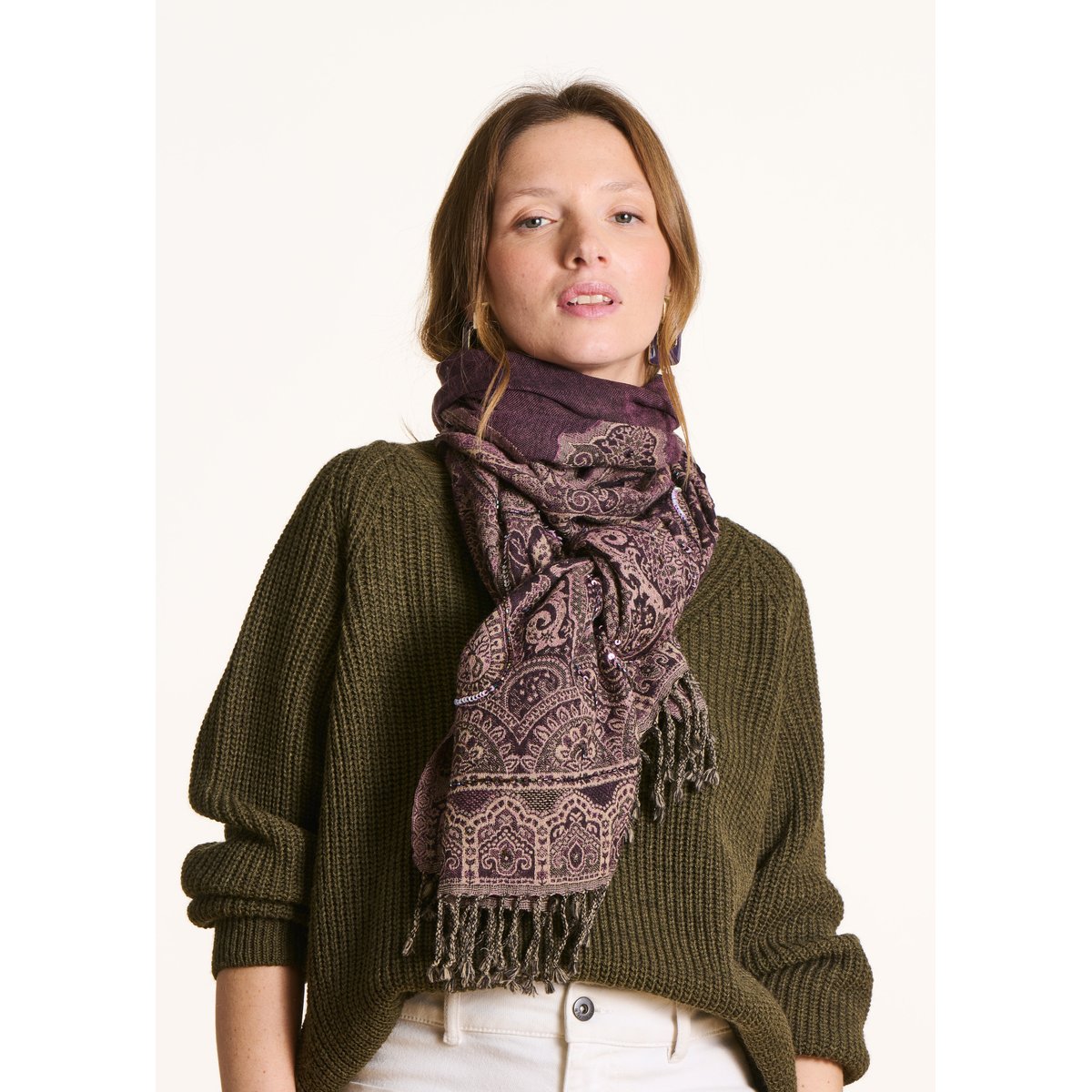 Écharpe en coton et laine avec broderie gris, LA FEE MARABOUTEE