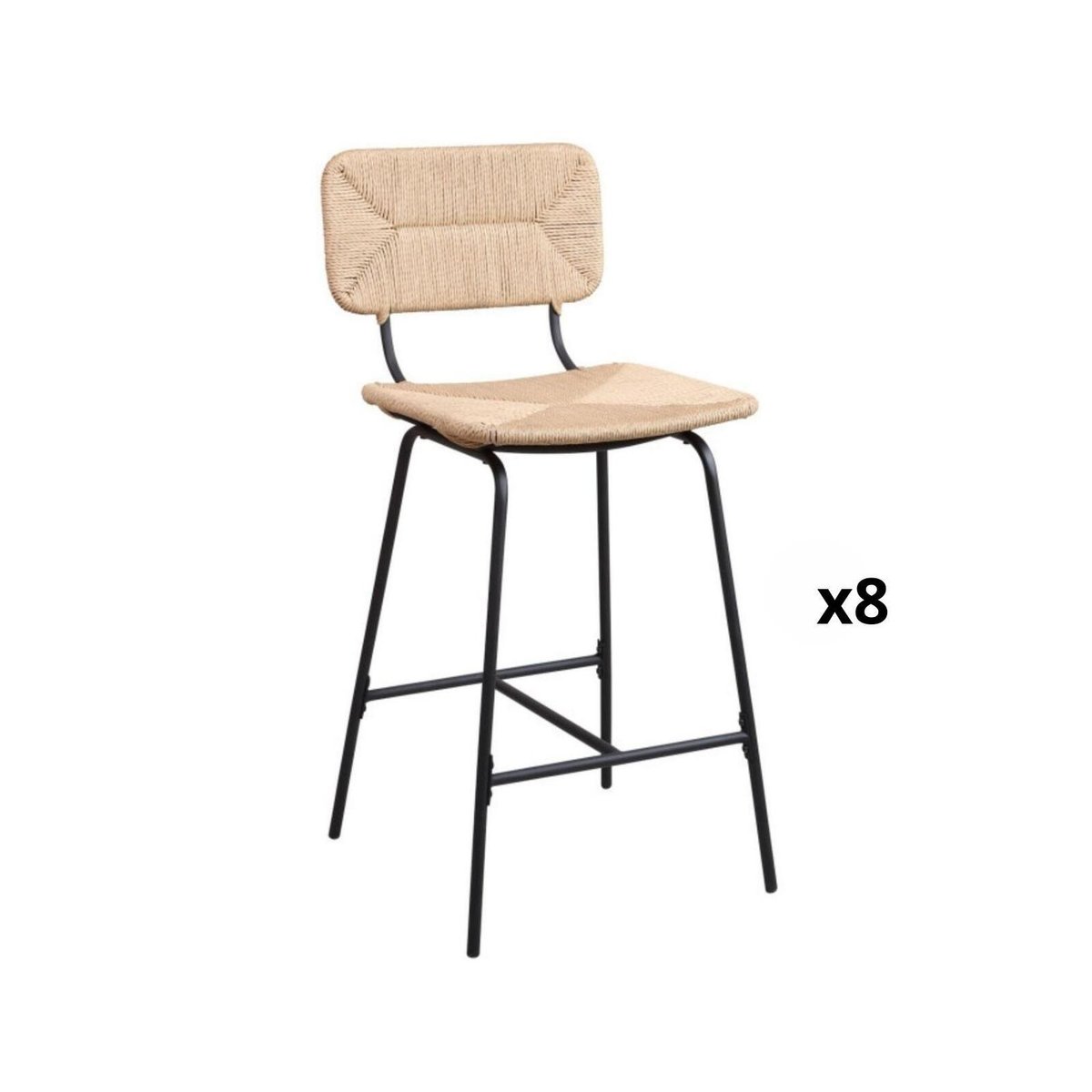 Lot de tabourets de bar et d'ilot en métal et assise rotin 65cm TIDRA|Lot de 8 | Lot de 8 naturel, MOB IN