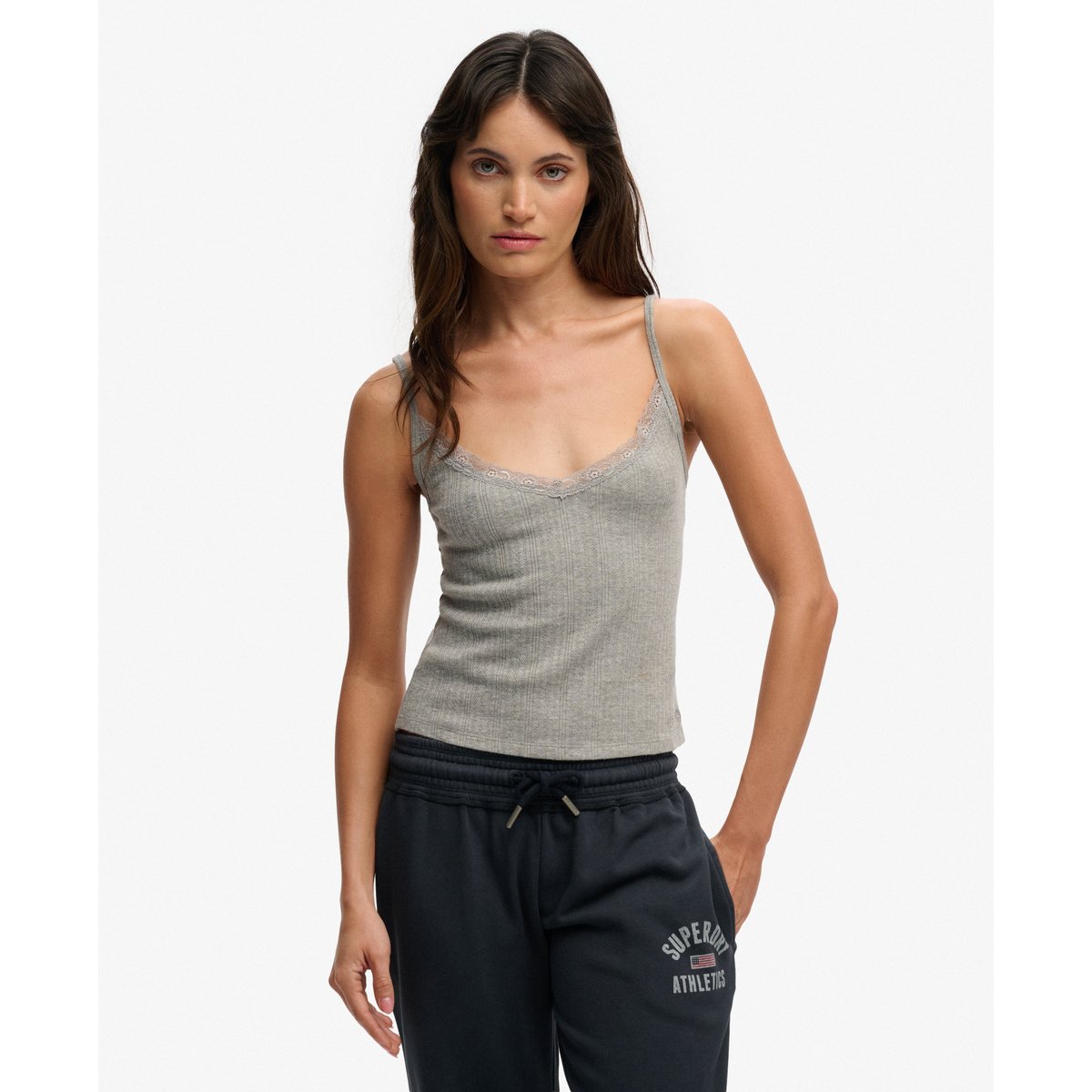 Débardeur Pointelle Col V Athletic Essentials gris chiné, SUPERDRY