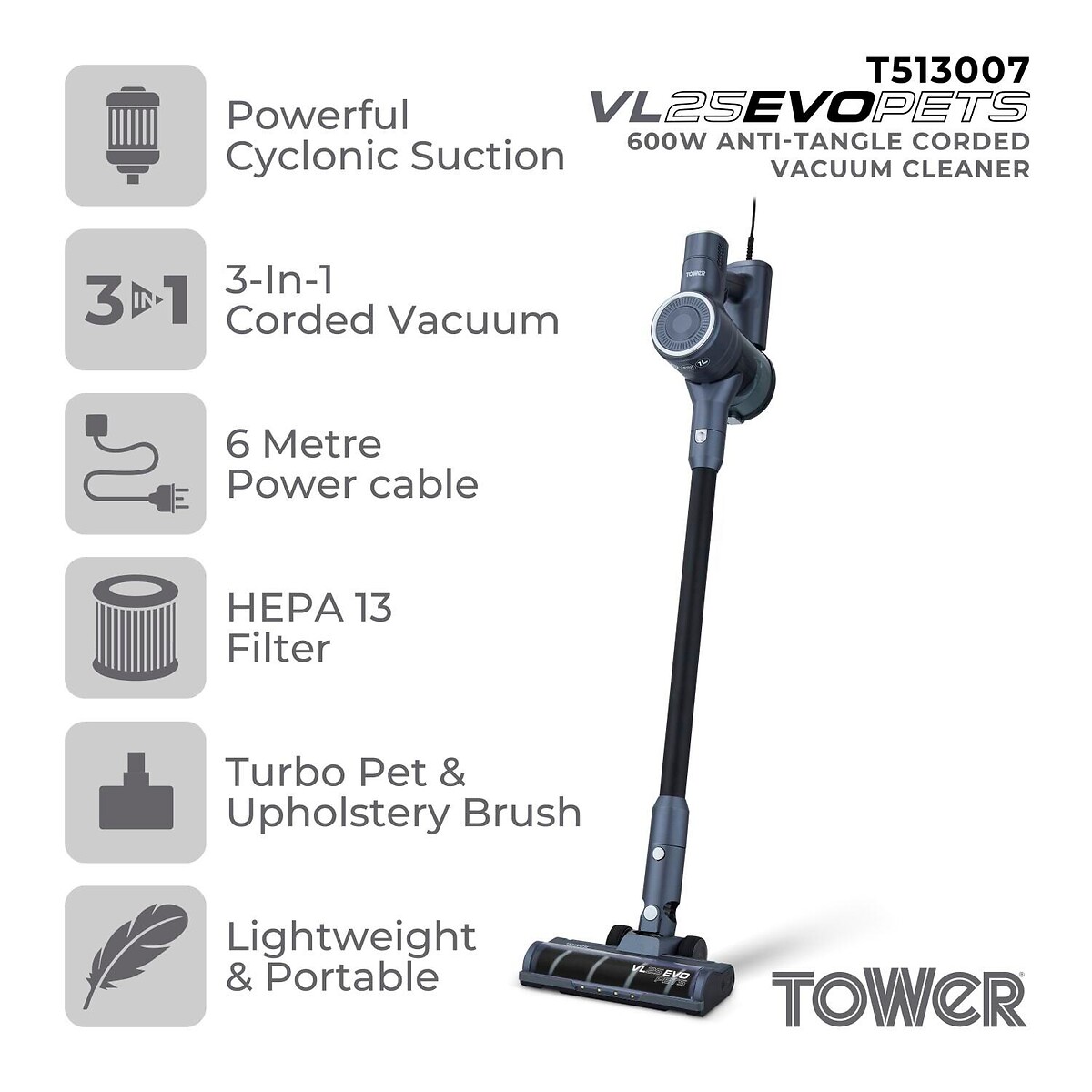 VL25 Evo Pets Corded Vacuum Cleaner - T513007 black, TOWER