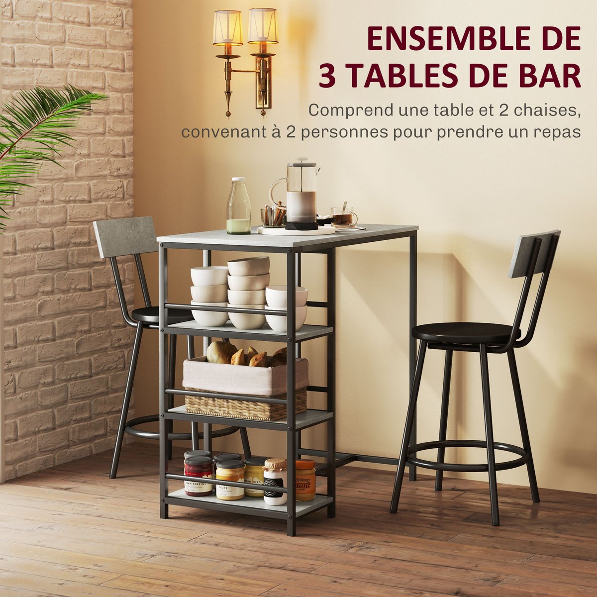 Ensemble de table de bar MDF Gris clair gris clair, noir, HOMCOM
