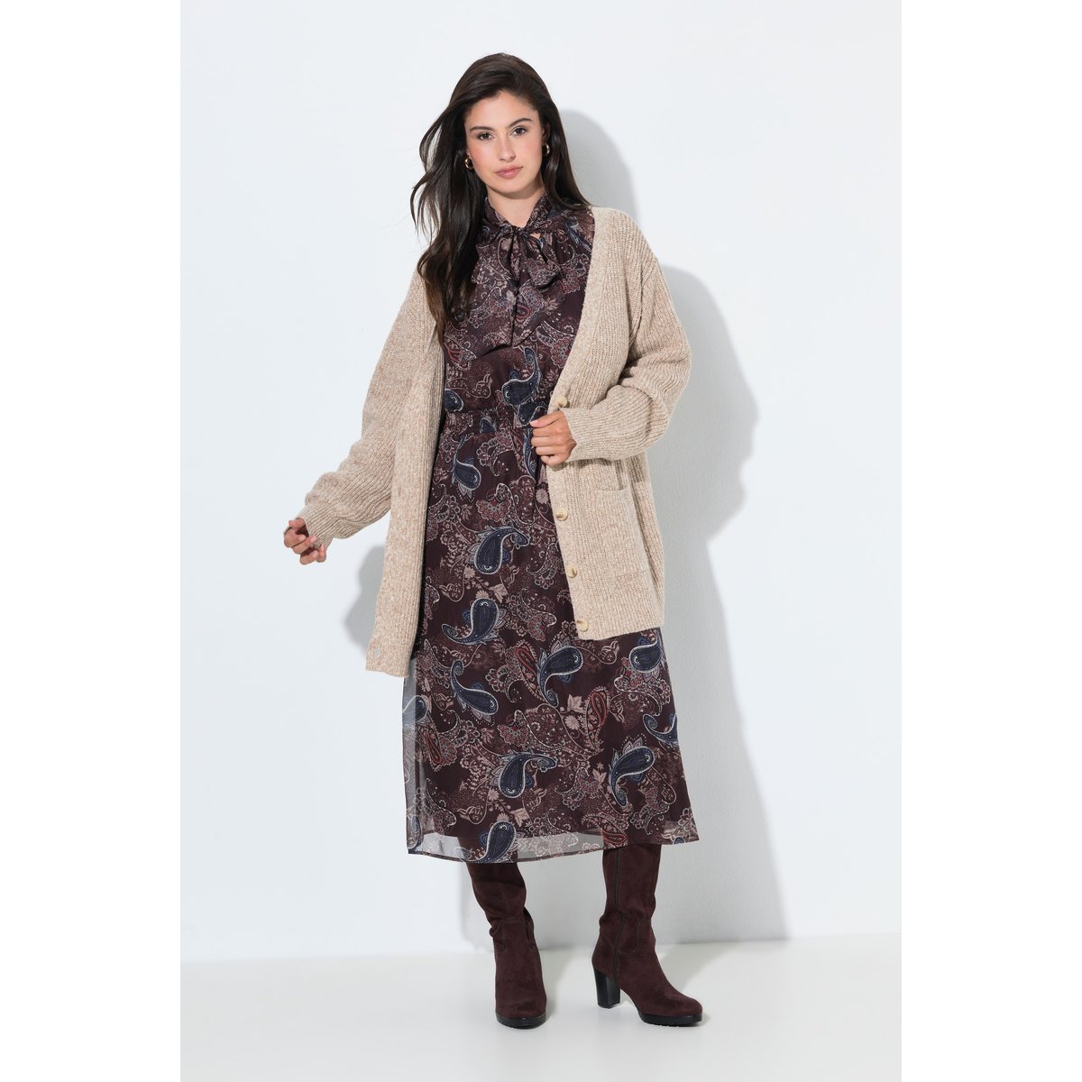 Cardigan en maille côtelée, col en V beige mélangé, ULLA POPKEN