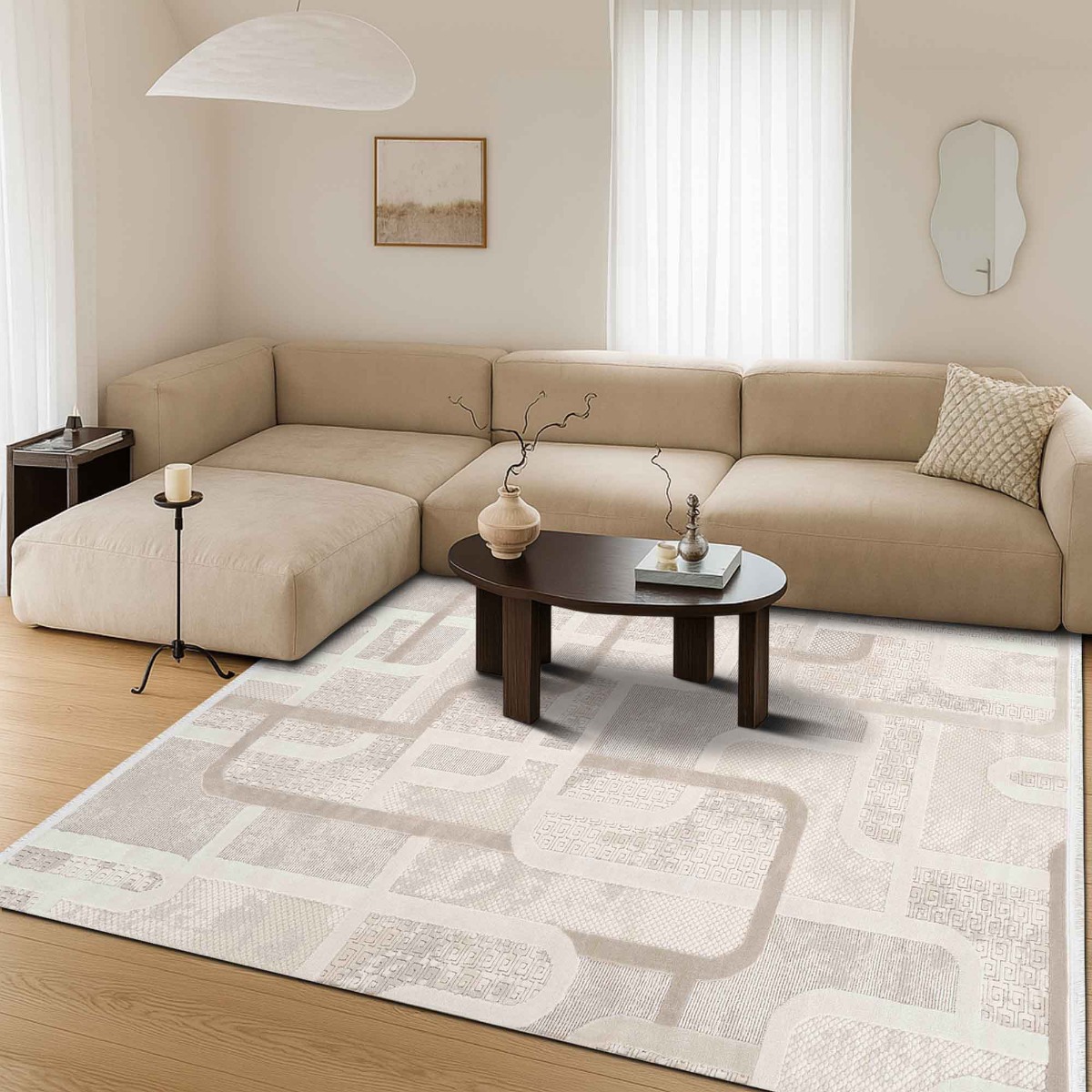 Tapis doux moderne en relief géométrique GEO beige, THE DECO FACTORY