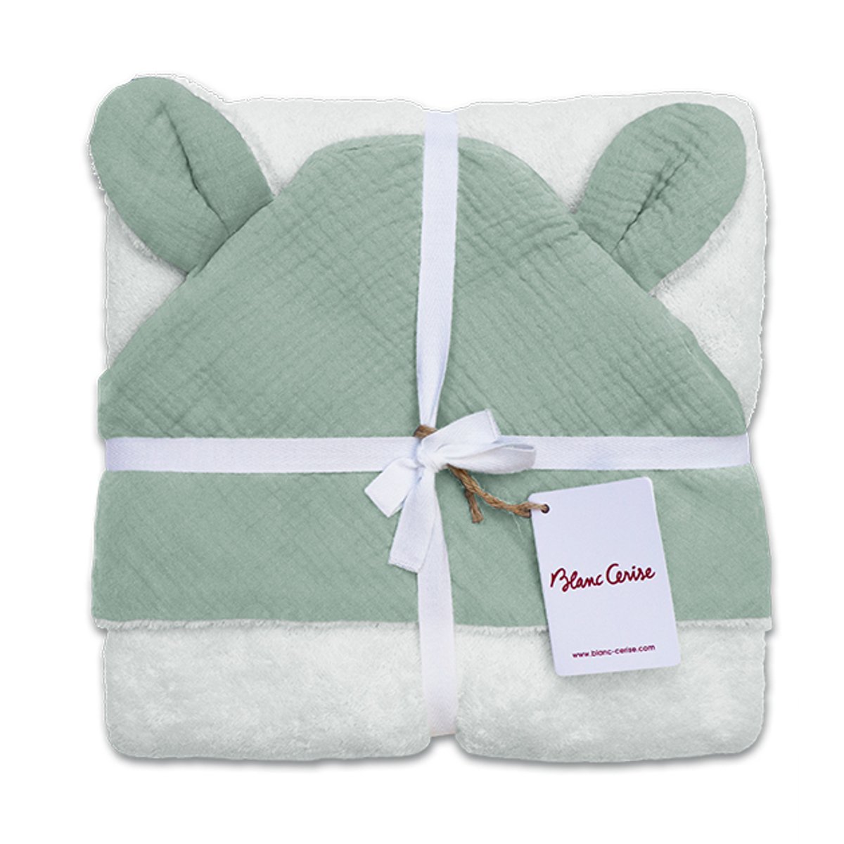 Cape de bain bébé en gaze de coton, TENDRESSE GAUFRÉE céladon, BLANC CERISE