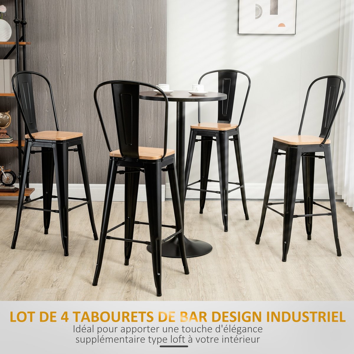 Tabouret de bar Métal Noir noir et bois clair, HOMCOM