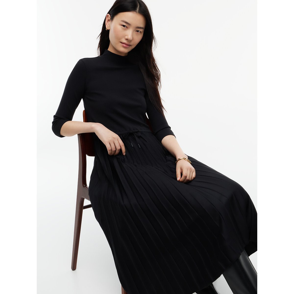 Abito longuette con collo alto, plissettato e maniche a 3/4 nero , TOMMY HILFIGER