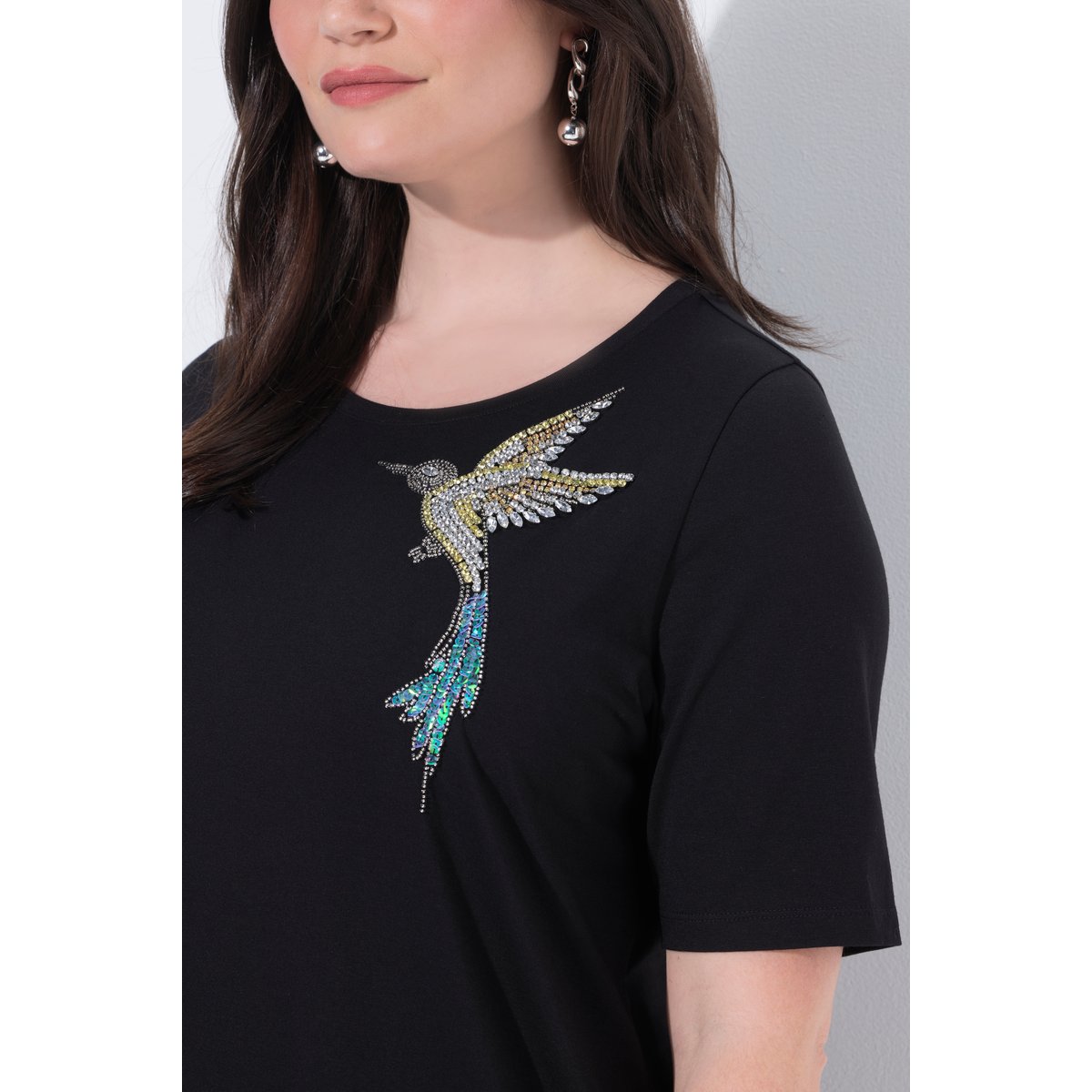 T-shirt avec oiseau brodé noir, ULLA POPKEN