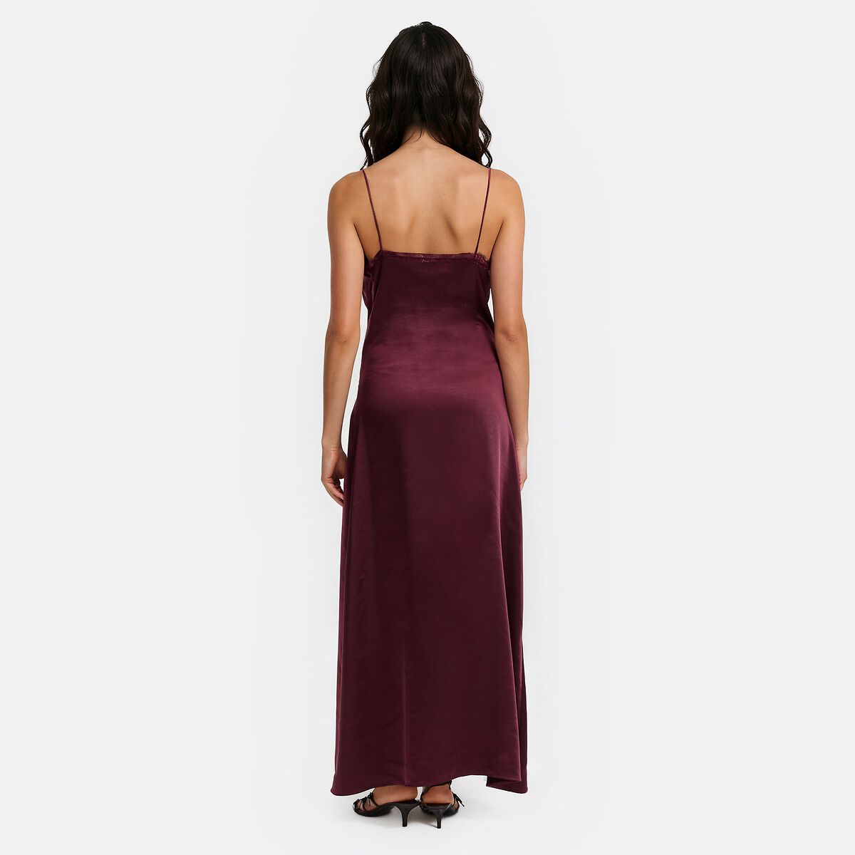 Vestido comprido de cetim com alças finas e renda bordeaux, LA REDOUTE COLLECTIONS