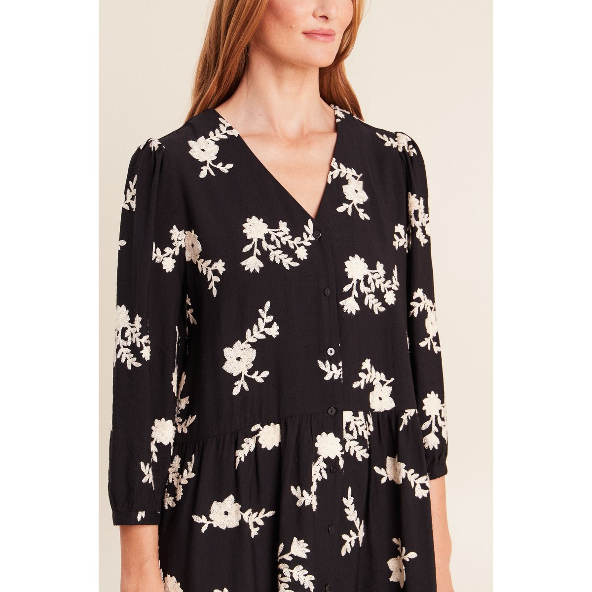Robe courte évasée col v manches 3/4 noir, BREAL