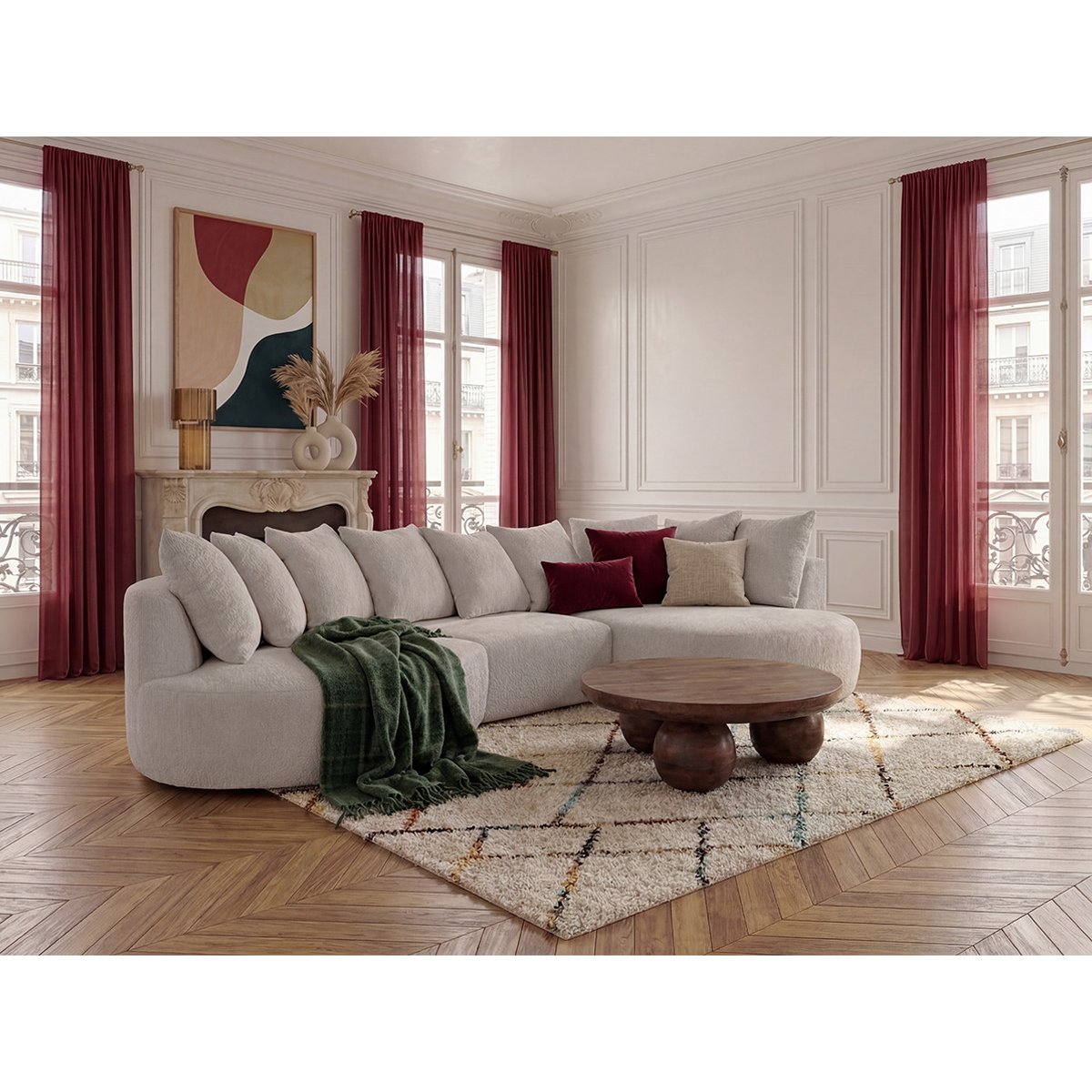 Canapé d'angle fixe 6 places en tissu bouclette, CALYPSO blanc, BOBOCHIC