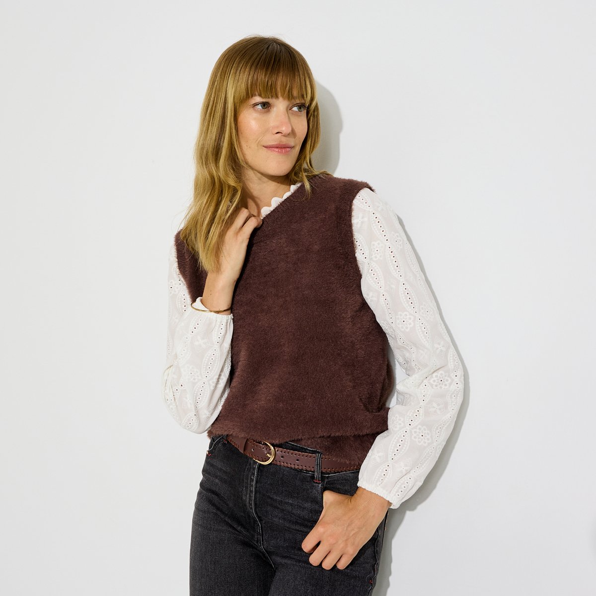Pull col montant manches ajourées marron chocolat, GRAIN DE MALICE