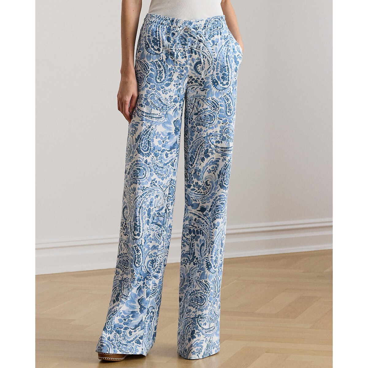 Losse broek met wijde pijpen van linnen met paisleyprint bedrukt blauw/wit, LAUREN RALPH LAUREN