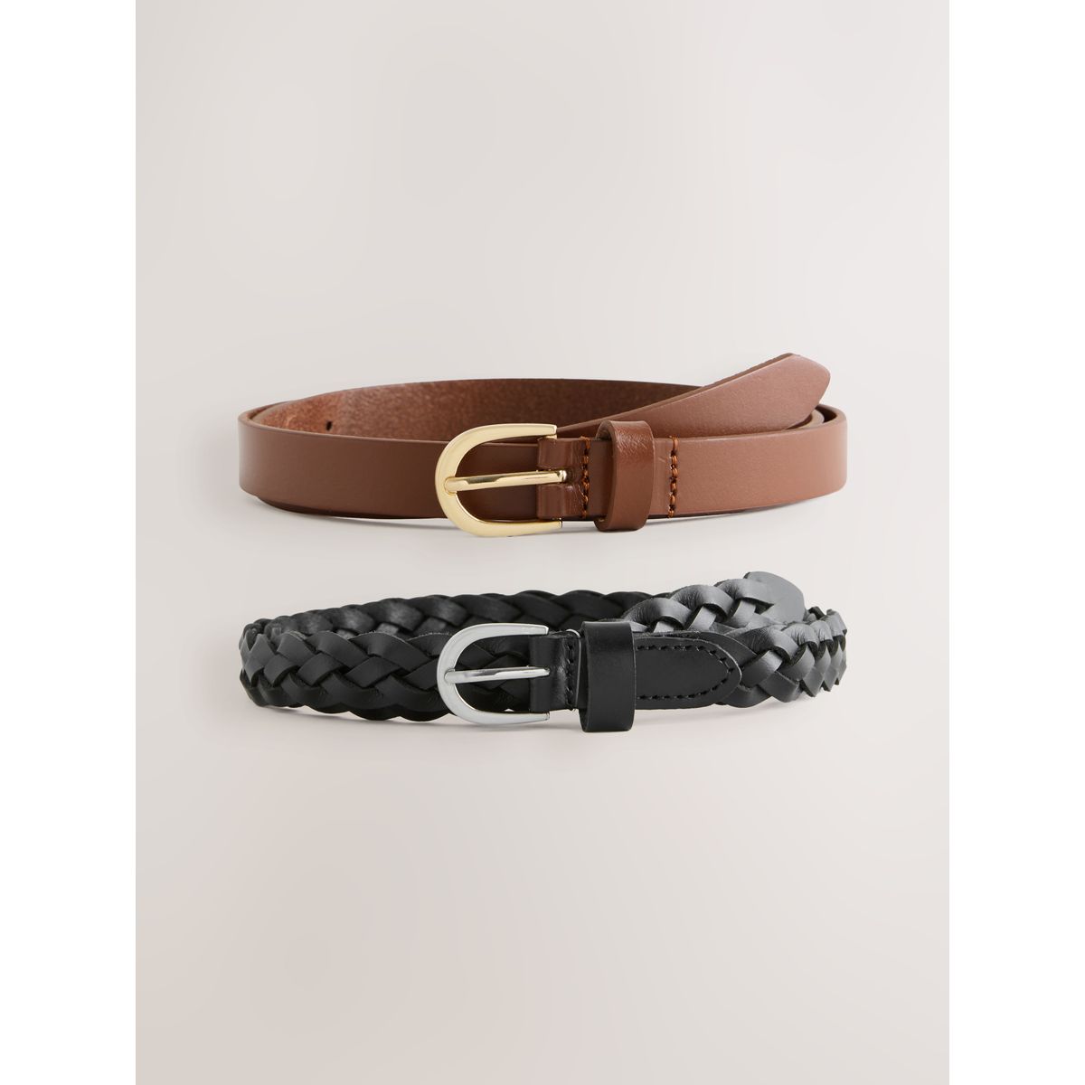 Ceinture fine en cuir effet tressé, lot de 2 noir uni/beige, NEXT