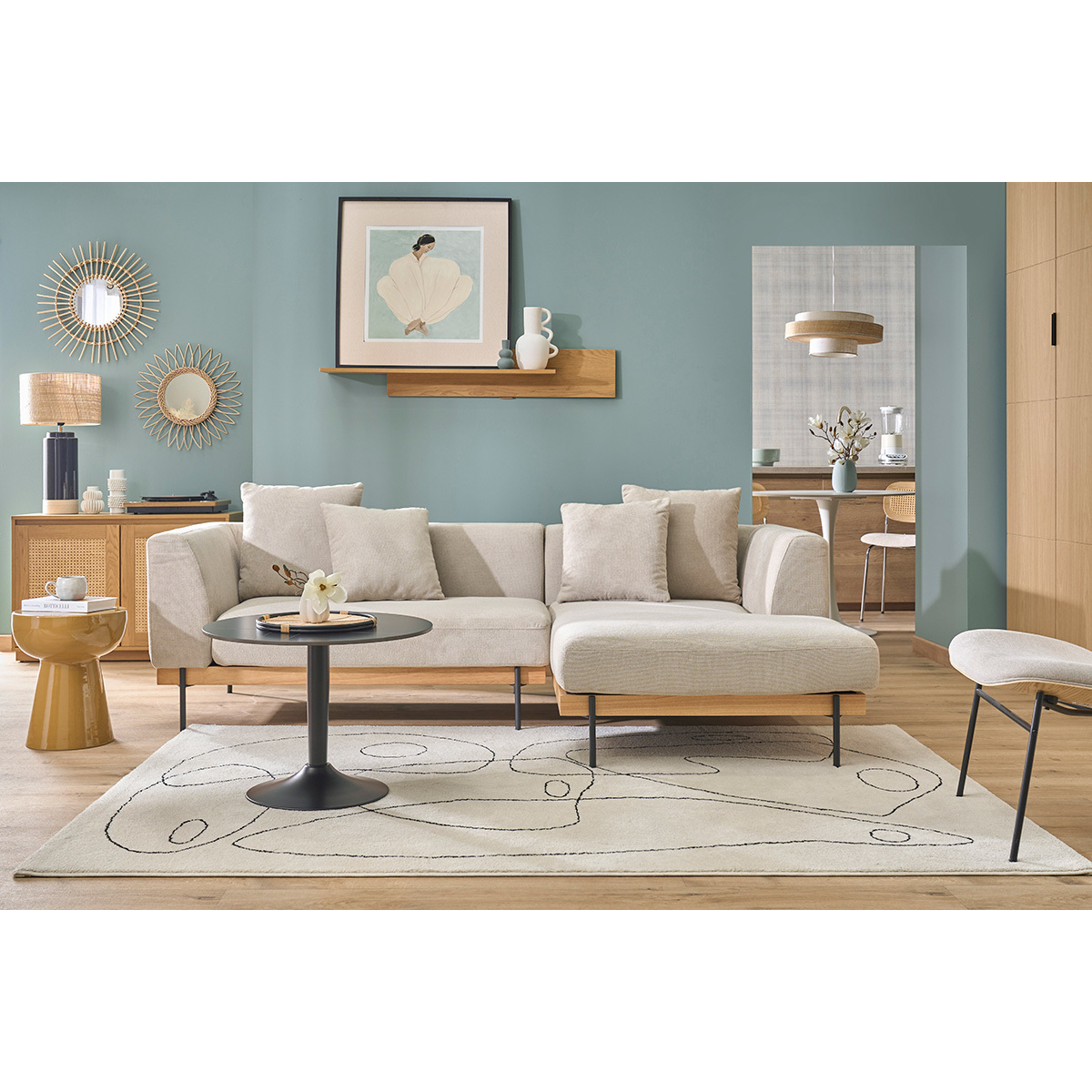 Canapé d'angle droit 4 places en tissu chenille beige et métal noir IVAR beige, MILIBOO