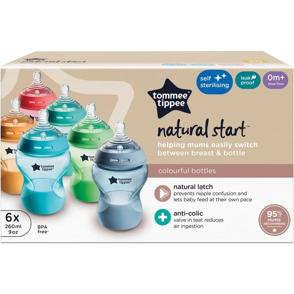 Lot de 6 biberons Closer To Nature 260ml Multicolore bleu, TOMMEE TIPPEE