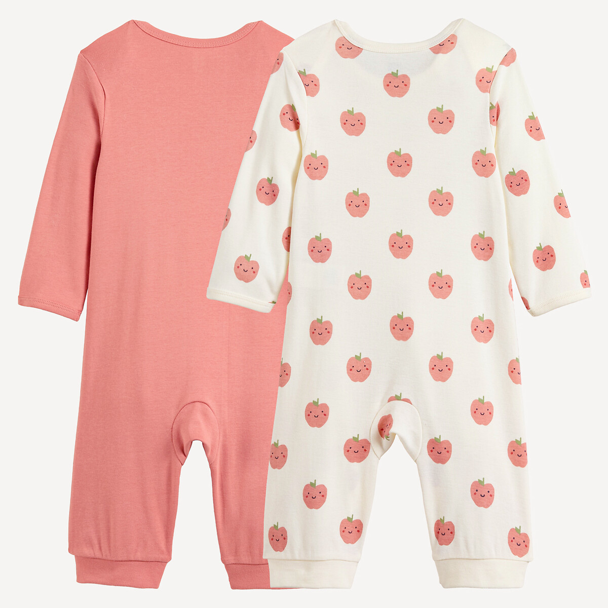 Lot de 2 pyjamas 1 pièce, sans pieds, en coton, imprimés pommes rose + écru, LA REDOUTE COLLECTIONS