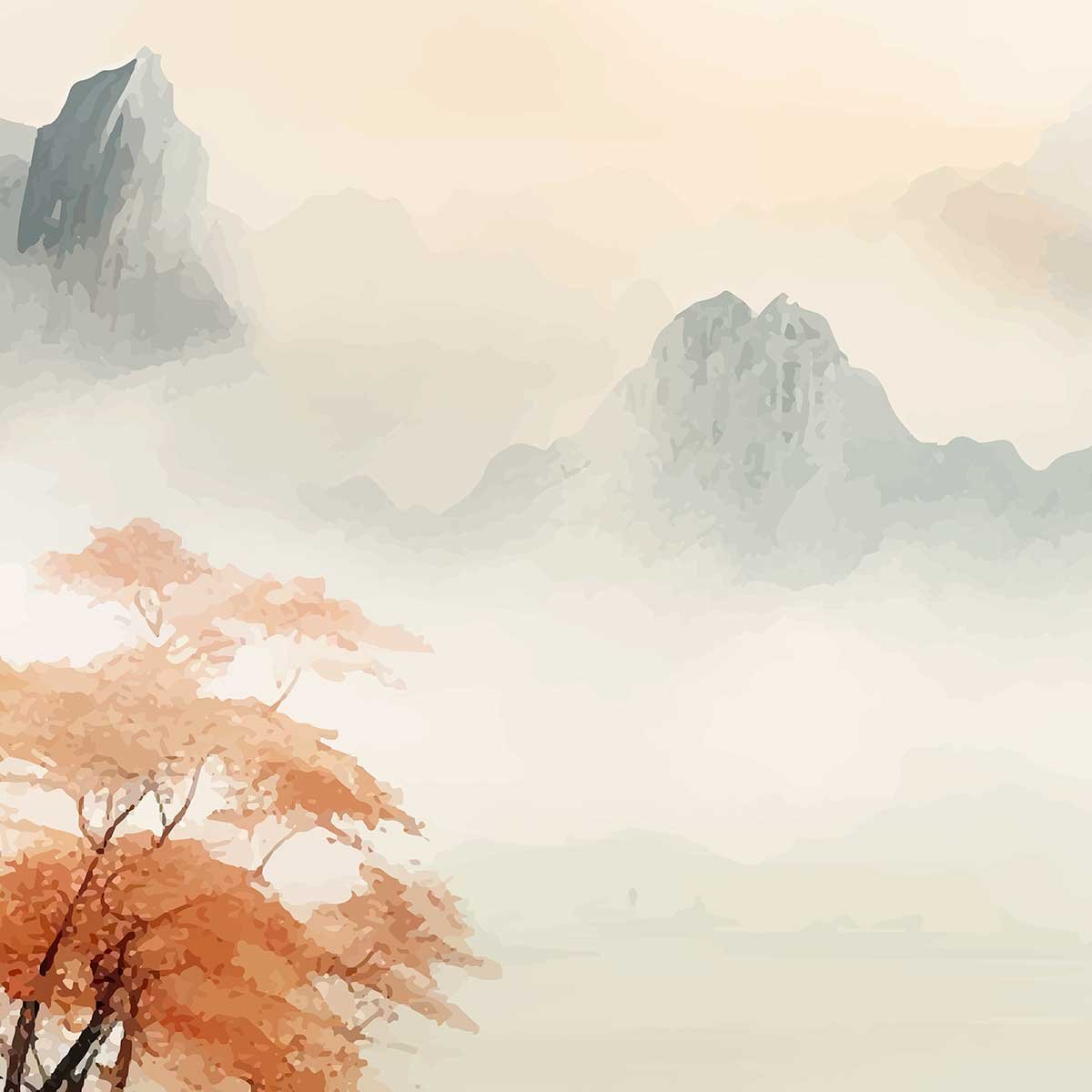 Papier peint panoramique paysage asiatique orange, HEXOA