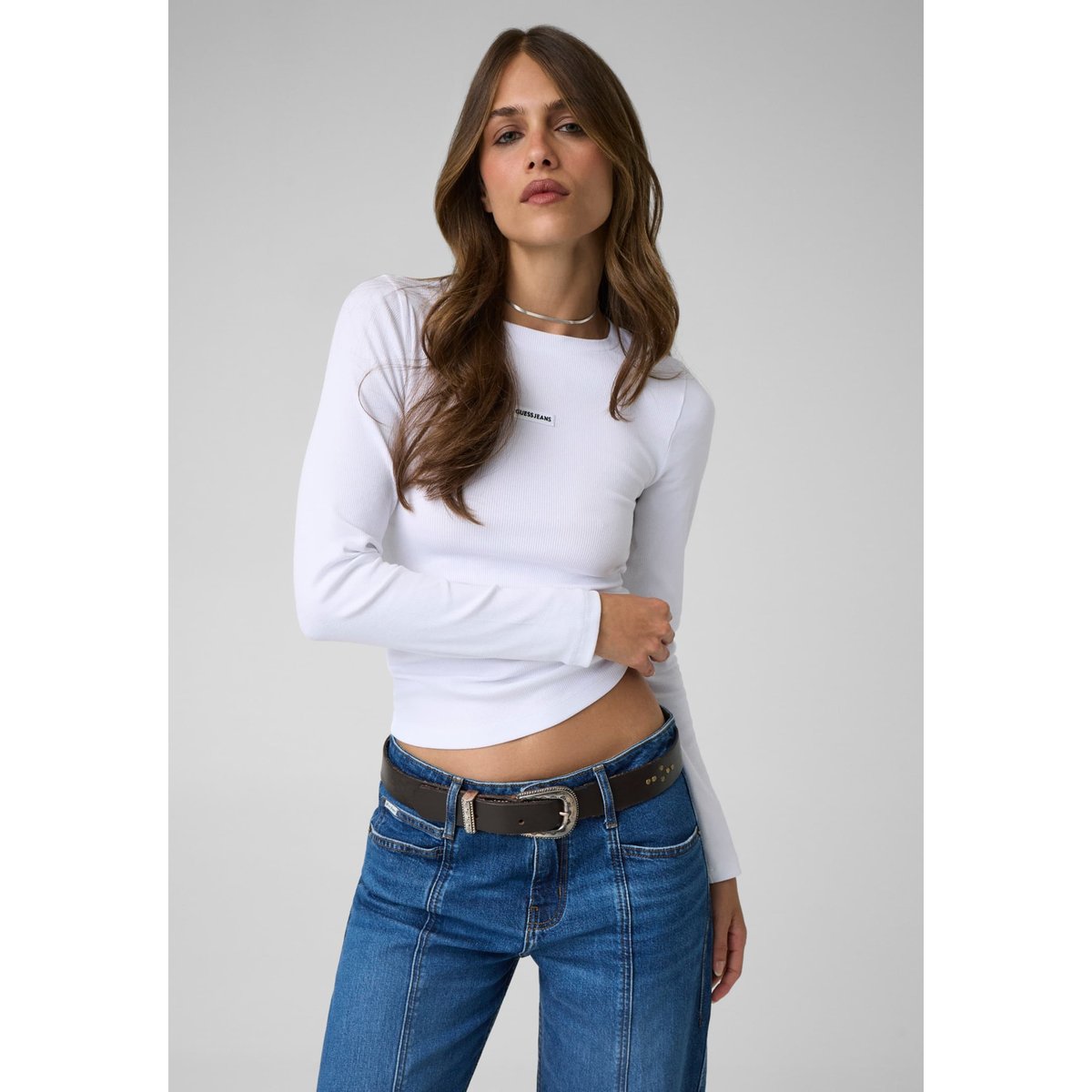 Haut À Manches Longues Avec Logo Patch blanc, GUESS