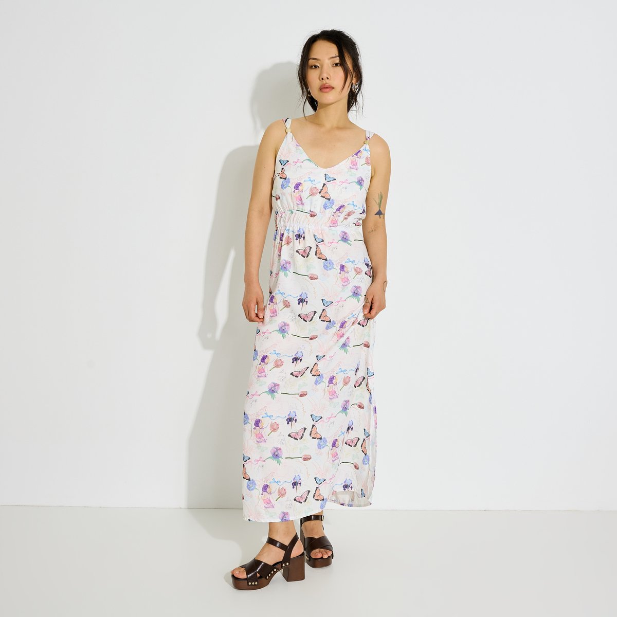 Robe longue fluide imprimée à bretelles blanc cassé ecru, GRAIN DE MALICE