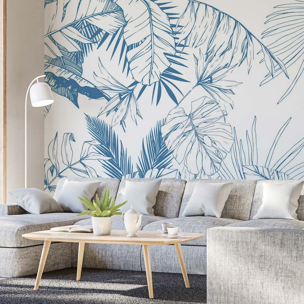 Papier peint feuilles tropicales bleues intissé, HEXOA