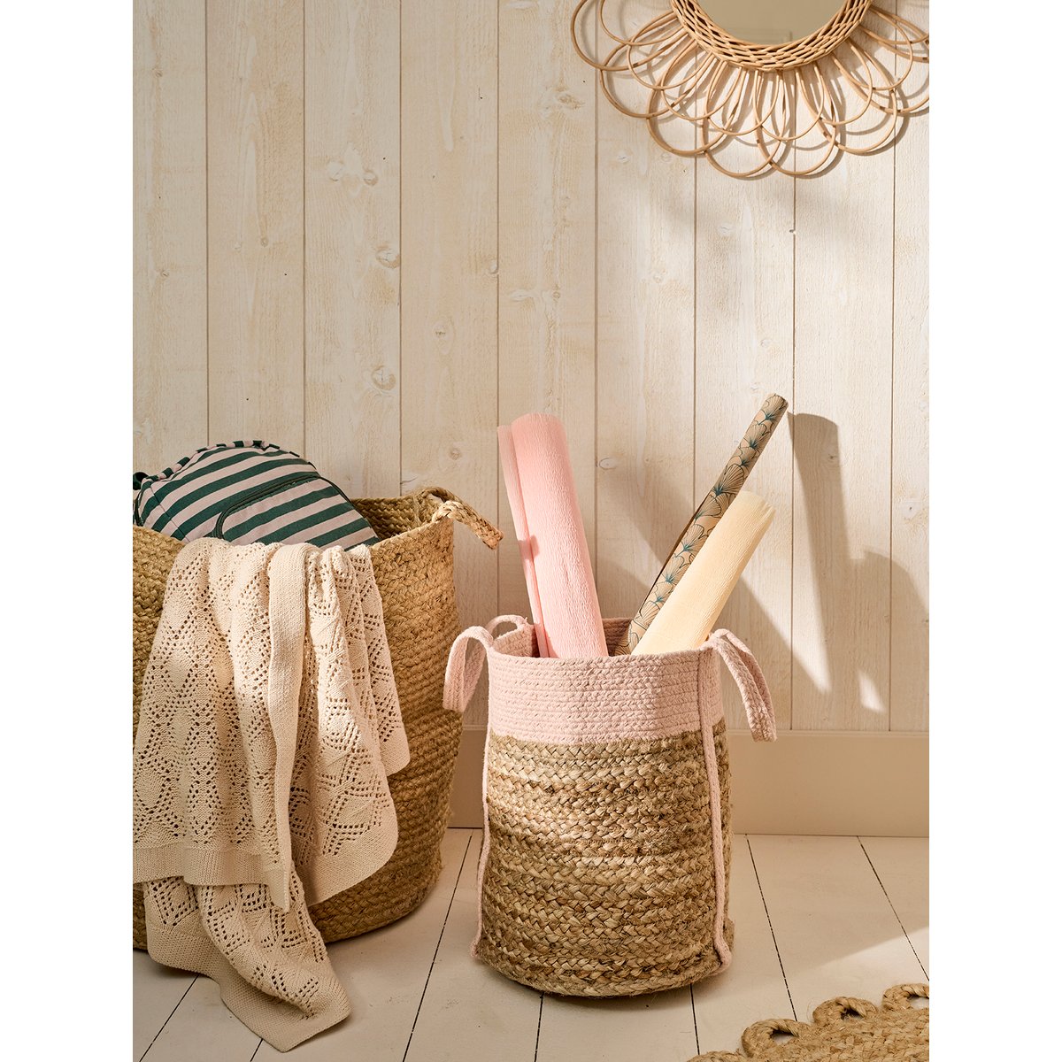 Panier en jute bicolore Calla osier/rose, VERTBAUDET