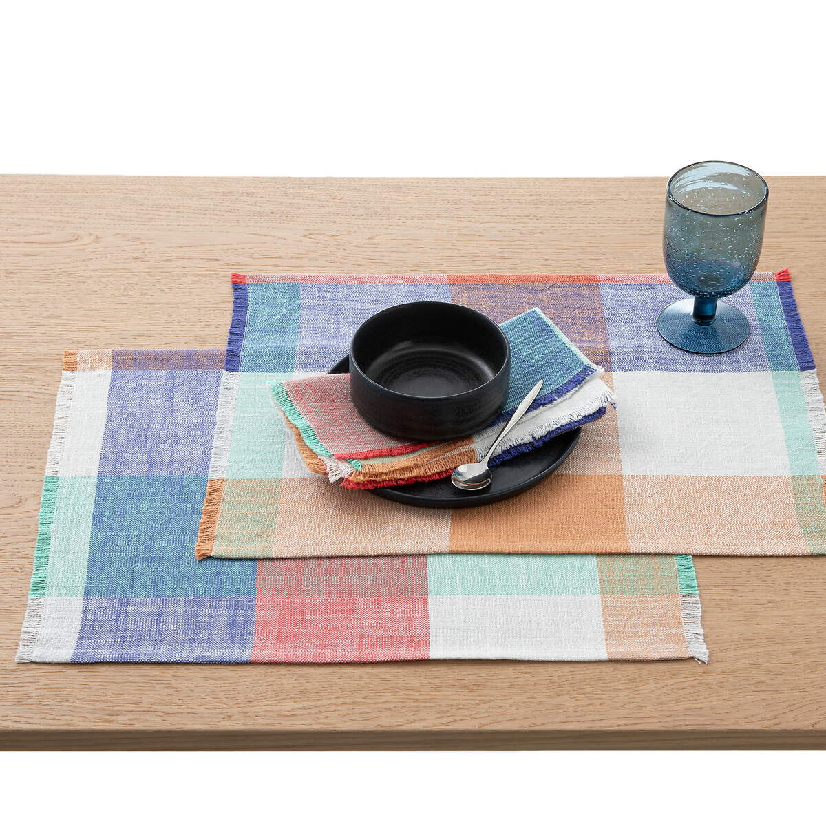 Lot de 2 sets de table coton tissé-teint, Formia carreaux bleu/rouge, LA REDOUTE INTERIEURS