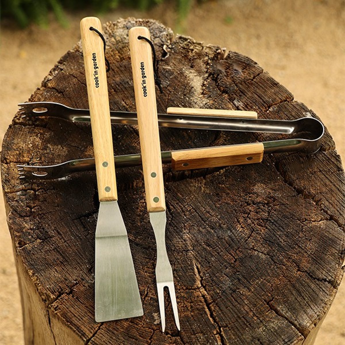 Set de 3 ustensiles pour barbecue et plancha avec manche en bois couleur unique, COOK IN GARDEN