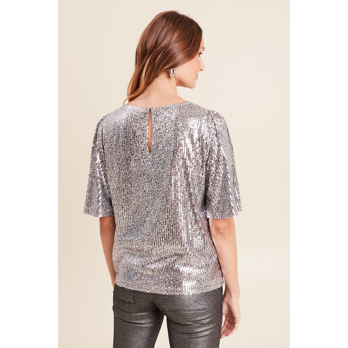 T-shirt à sequins manches coudes gris argent, BREAL
