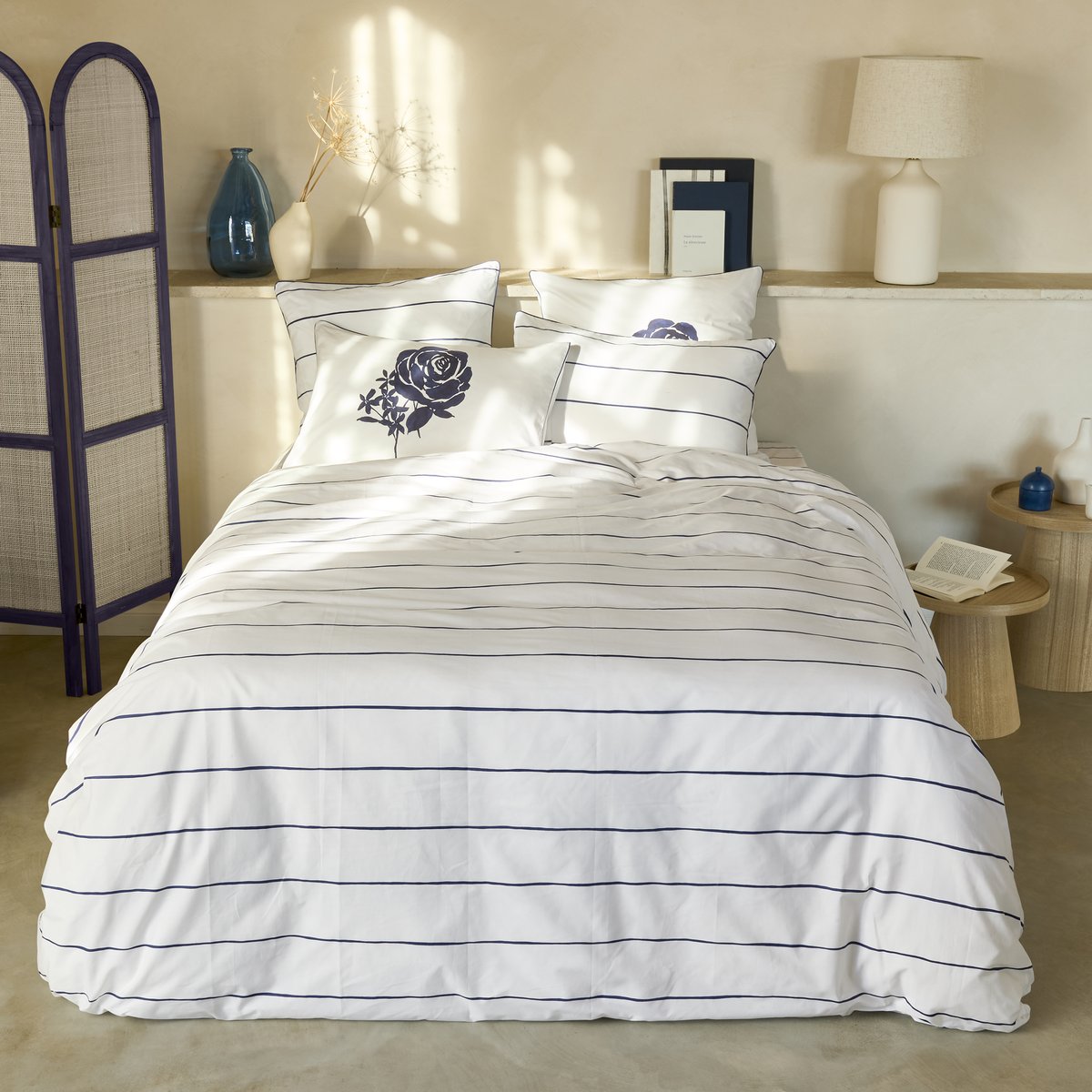 Housse de couette réversible coton ROSABLUE imprimé, CARRE BLANC