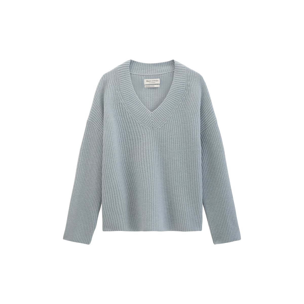 Pull en maille à col en V, coupe ample en mélange de laine vierge douce gris, MARC O'POLO