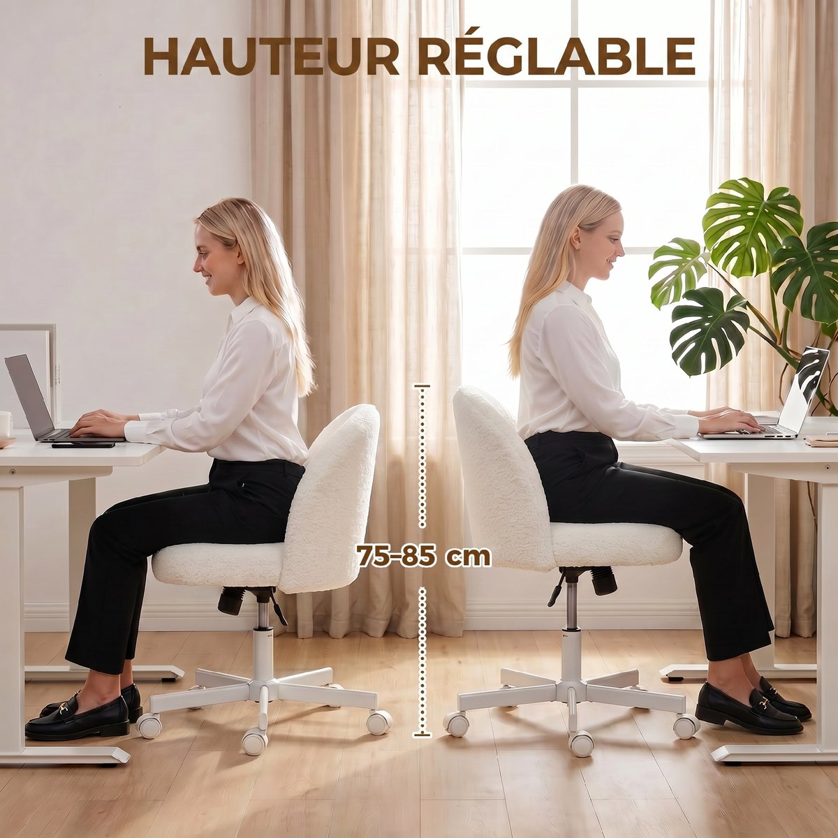 Chaise de bureau Tissu bouclette Blanc Crème blanc crème, HOMCOM