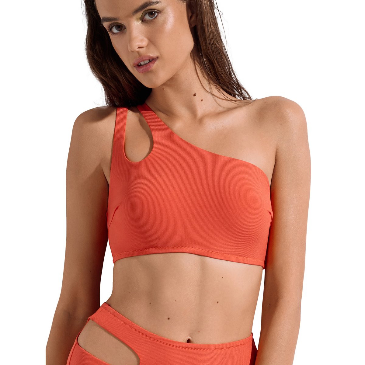 Haut maillot de bain brassière asymétrique sans armatures Normandie orange, LISCA