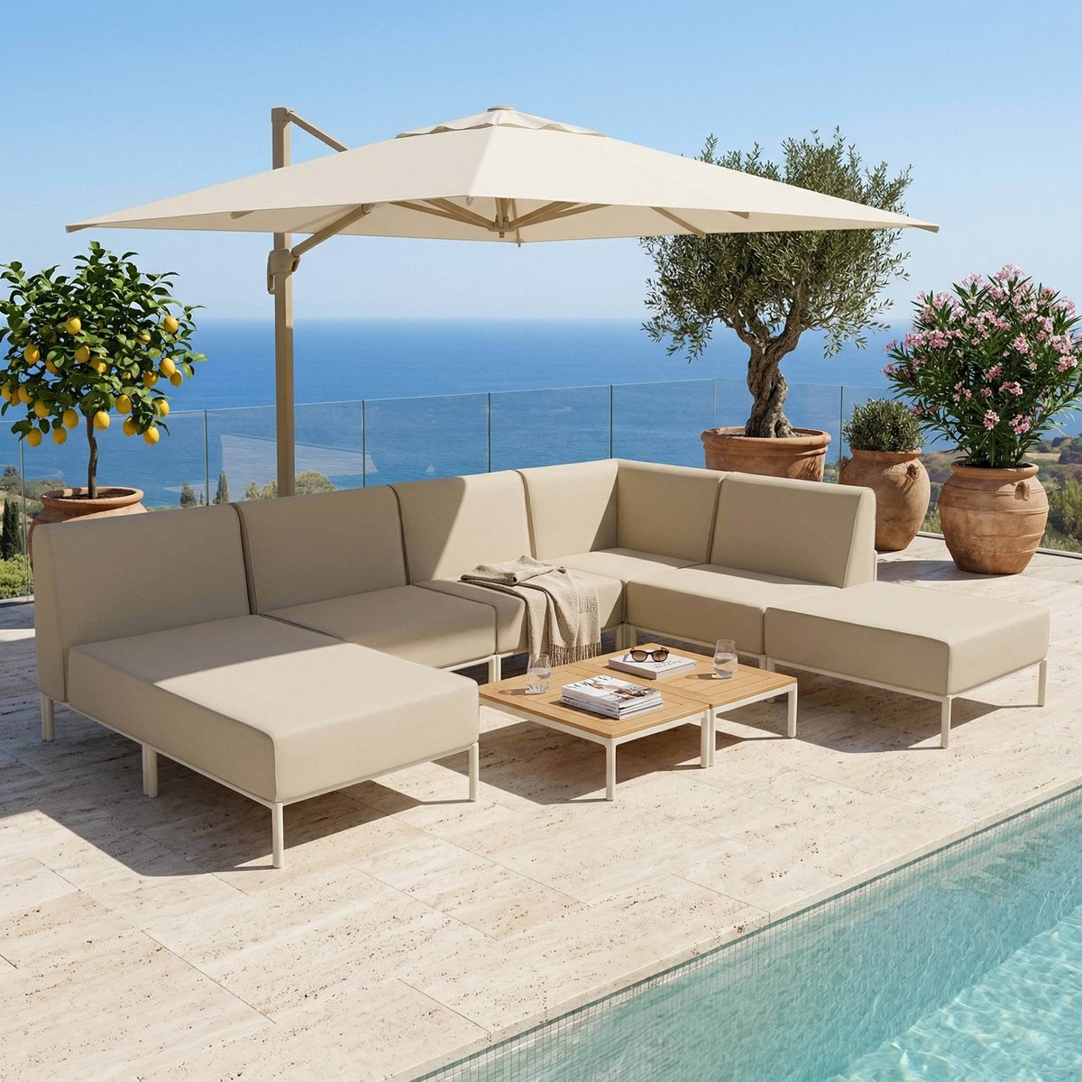 Salon de jardin modulable 6 places avec 3 chauffeuses, 1 fauteuil d'angle, 1 méridienne et 1 pouf, PATIO beige, OVIALA