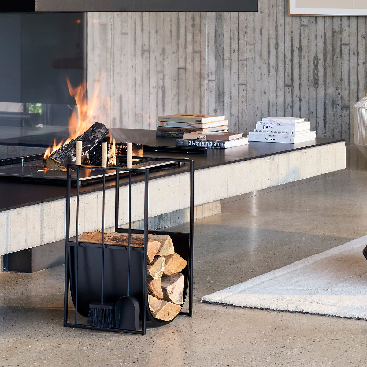 Organizador para chimenea, soporte para leña, de hierro mate, LILA negro, AM.PM