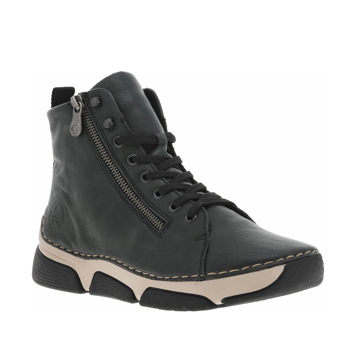 Bottines à talon compensé bas avec des lacets et un zip latéral grises, RIEKER