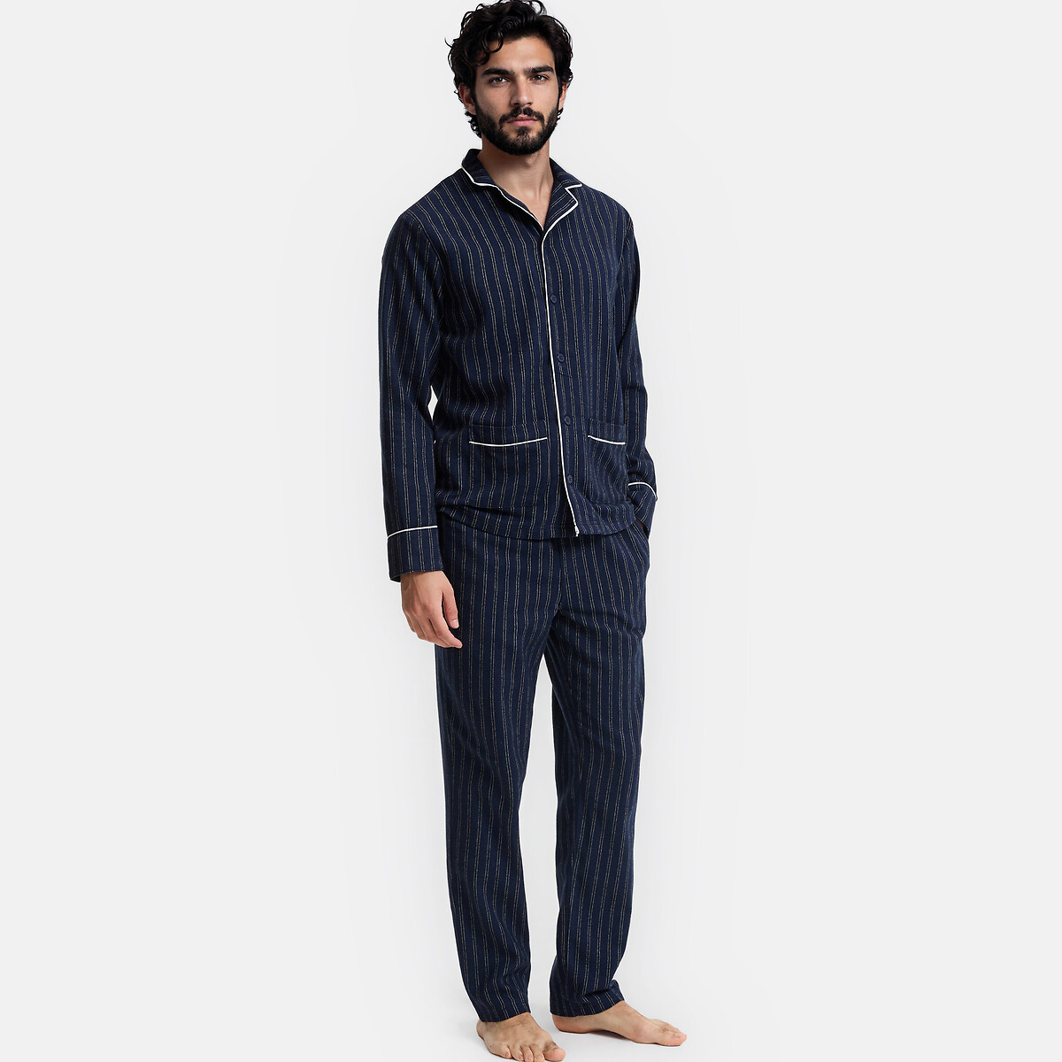 Pyjama flanelle pur coton bleu marine rayé blanc, LA REDOUTE COLLECTIONS
