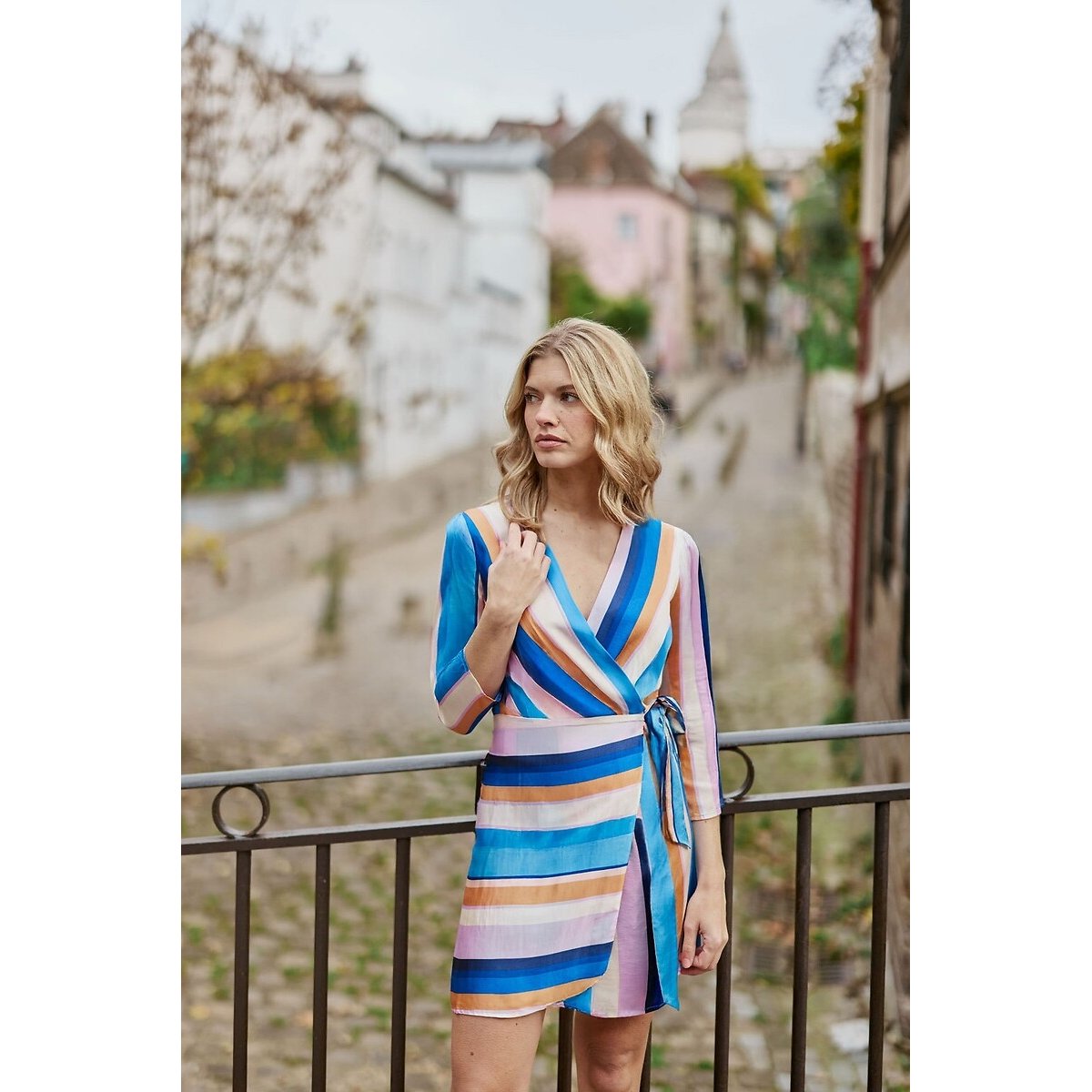 Rosalia Striped Wrapover Dress with 3/4 Length Sleeves multi-coloured stripes , LA PETITE ETOILE